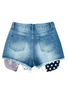 Women's American Flag Printed Distressed Denim Shorts With Frayed Hem And Pockets - Blue - View 4