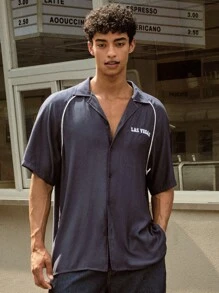 Forever 21 Men's Bowling Shirt With Graphic Print In Navy - Navy Blue - View 2