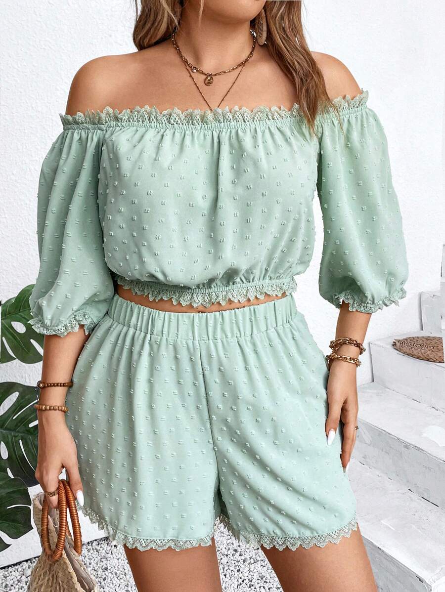 SHEIN Clasi Plus Size Women's Solid Color Minimalist Daily Off-Shoulder Top And Shorts Set - Mint Green - View 1