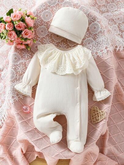 SHEIN 嬰兒女寶寶淺杏色長袖連髮帶蕾絲連體褲，休閒家居服