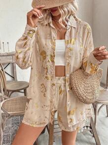 SHEIN LUNE 女式印花簡約日常長袖短褲套裝 - 杏色 - 查看 4