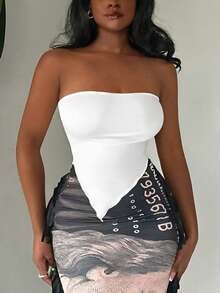 SHEIN SXY 2 cái/bộ Áo quây nữ có viền bất đối xứng màu trơn - Màu Khaki - Xem 8
