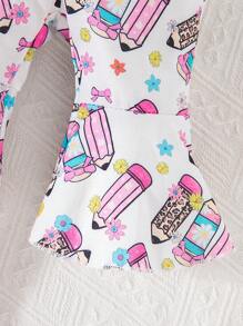 SHEIN Tricou cu mânecă lungă pentru fetițe, cu pantaloni evazați și set de pantaloni lungi, toamnă și iarnă 2024, noua ținută casual drăguță, confortabilă și dulce - Multicolor - Vizualizare 4