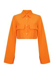 Chemise orange à boutons, col chemise, manches longues, poche, longueur courte - Orange - Voir 5