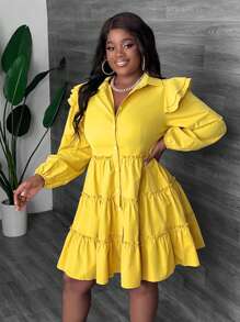 Slaydiva 大码秋装黄色衬衫款式秋季连衣裙、泡泡裙、柠檬裙、长袖、泡泡裙 - 黃色 - 查看 8