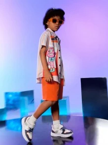 SHEIN 2 Cái/bộ Bé Trai Sọc Quái Vật In Hình Áo Sơ Mi Tay Ngắn Và Lưng Thun Váy Trang Phục Mùa Hè - trái cam - Xem 3