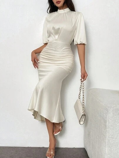 RosyDaze Puff Sleeve Waist-Cinched Mermaid Solid Color Dress, Elegant Maxi Satin Women Outfit