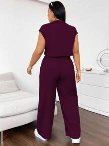Flirla Conjunto de talla grande de camisa holgada sin mangas con múltiples bolsillos y pantalones casuales tipo cargo de 2 piezas