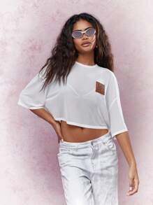 MISSGUIDED 品牌皮革贴片透明落肩超大短款 T 恤 - 白色 - 查看 1