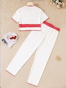 2 szt. Zestaw piżam dla nastolatek dla dziewcząt w kontrastową kratę z kokardką - długie spodnie i top z krótkim rękawem, powrót do szkoły, jesień/zima - Beżowy - Zobacz 2