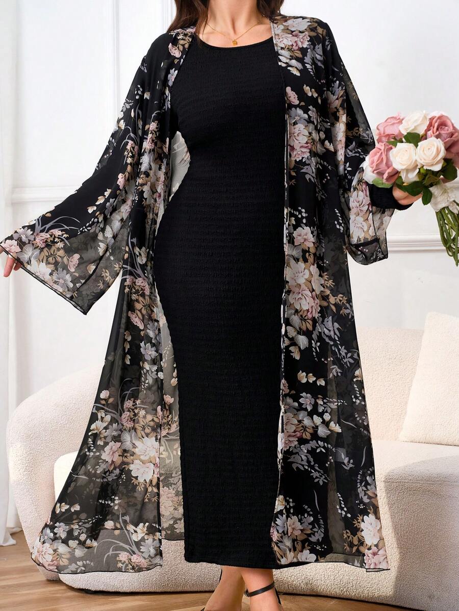 Modelyn 加大码纯色圆领长袖连体裤和网眼花卉印花外套 2 件套 2 件套 - 黑色 - 查看 1
