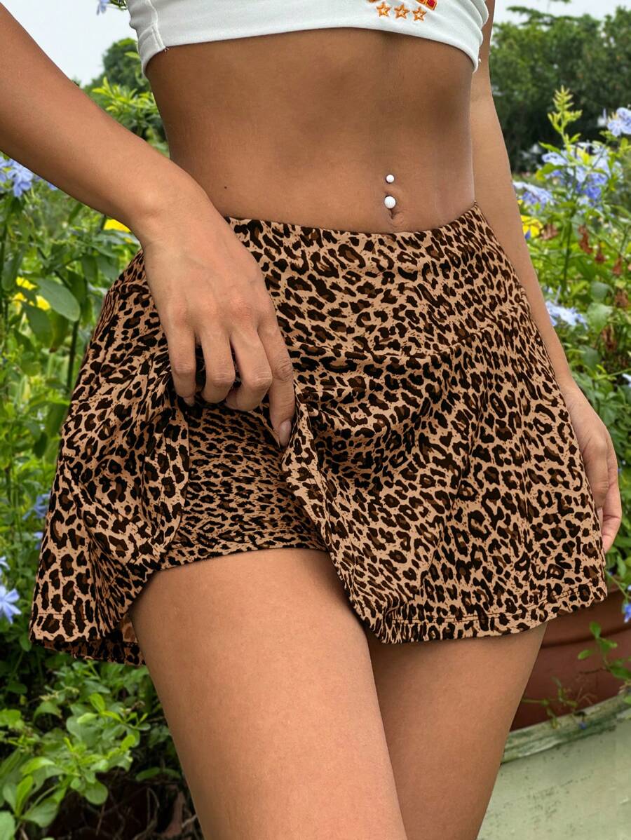 GalTyme Plus Size Leopard Print Skirt With Built-In Shorts, Spring/Summer - Multicolor - View 1