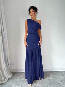 Elenzga Maxikleid für Frauen mit hohem Schlitz, schräger Schulter und Mesh-Einsatz