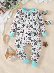 SHEIN Baby Boy Simple Allover Print Motorcycle Pattern Long Sleeve Jumpsuit Home Wear Snug Fit - Multicolor - View 1