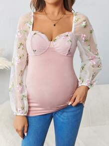 SHEIN Maternity Mesh Embroidery Patchwork Party Pregnancy T-Shirt - Pink - View 3