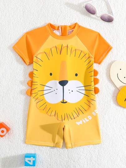 SHEIN GraphicGems Baby Boy Cartoon Tiger Printed Back Zipper One-Piece Swimsuit With Side 3D Decoration