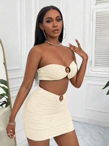 SHEIN SXY Bộ 2 chiếc nhẫn tròn xếp li hở lưng và họa tiết váy thường ngày thời trang rộng rãi - Màu be - Xem 3