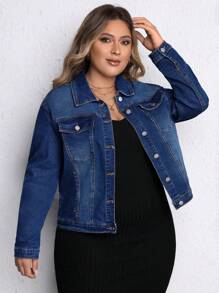 SHEIN LUNE 洋裝日常穿搭的加蓋細節牛仔夾克 - 中等水洗藍 - 查看 5