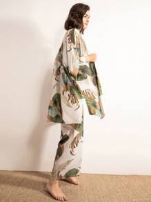 Leaf Print Cami PJ Set / Pajama Set With Robe Holiday Season - Multicolor - View 2