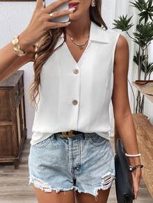 SHEIN LUNE Sleeveless Collared Solid Color Buttoned Casual Women's Shirt, Ideal For Teachers' Wear - White - View 6