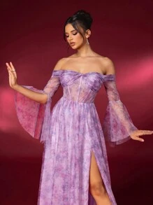 SHEIN Belle Elegante, hermoso y romántico vestido largo estampado con diseño retorcido y con volantes, mangas largas tipo capa y falda de corte A con abertura, para vestidos de noche, gala, fiesta, graduación, cena, boda, como invitada - Multicolor - Ver 2