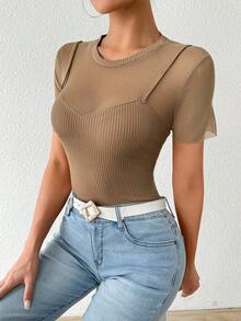 Chiquease 女士純色簡約休閒短袖T恤 - 棕色 - 查看 5