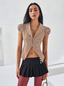 Aveloria Camicia a righe bianche a maniche corte da donna con design a coppe, scollo a V e maniche a palloncino, aderente in vita e orlo plissettato