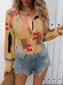 SHEIN LUNE Camisa holgada casual de mujer con mangas largas y estampado de lunares para primavera/verano (impresión aleatoria)