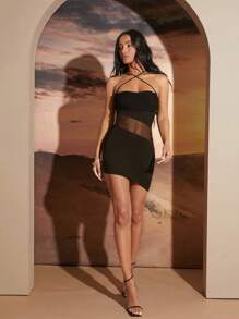 Hauture Cross Strap Mesh Panel Mini Party Dress - Black - View 7