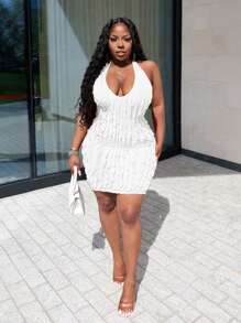 Slaydiva 派對節日約會性感修身連身裙，領口綁帶褶襉針織緊身迷你裙 - 白色 - 查看 5