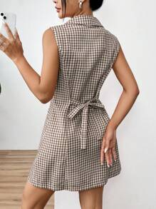SHEIN EZwear 復古紅白相間格紋短袖連衣裙 - 棕色 - 查看 2