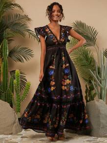 Travachic 女款假日編織印花V領短袖連衣裙 - 彩色 - 查看 4