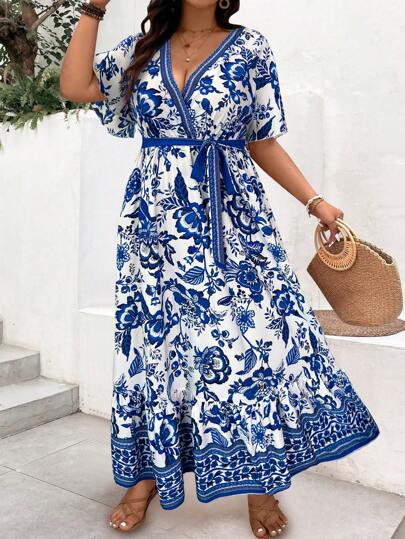 SHEIN Plus Size Vintage Print V-Neck Dress Women Outfit, For Summer