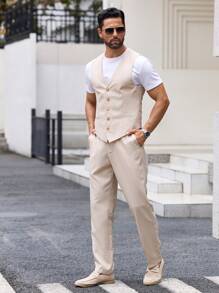 Manfinity VCAY Men's 3pcs Woven Casual Suit Jacket Set For Spring And Autumn - Apricot - View 7