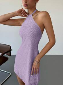 SHEIN EZwear Spring/Summer White Texture Halter Backless Short A-Line Dress - Purple - View 6