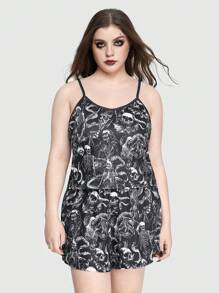 ROMWE Goth Plus Size Dark Skull & Snake Tank Top Pajama Set