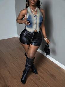 Slaydiva Button Front Backless Halter Denim Top For Dailywear - Dark Wash - View 1