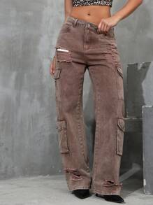 Quần jean denim rách có cúc có nhiều túi, để mặc thường ngày - Cà phê nâu - Xem 1