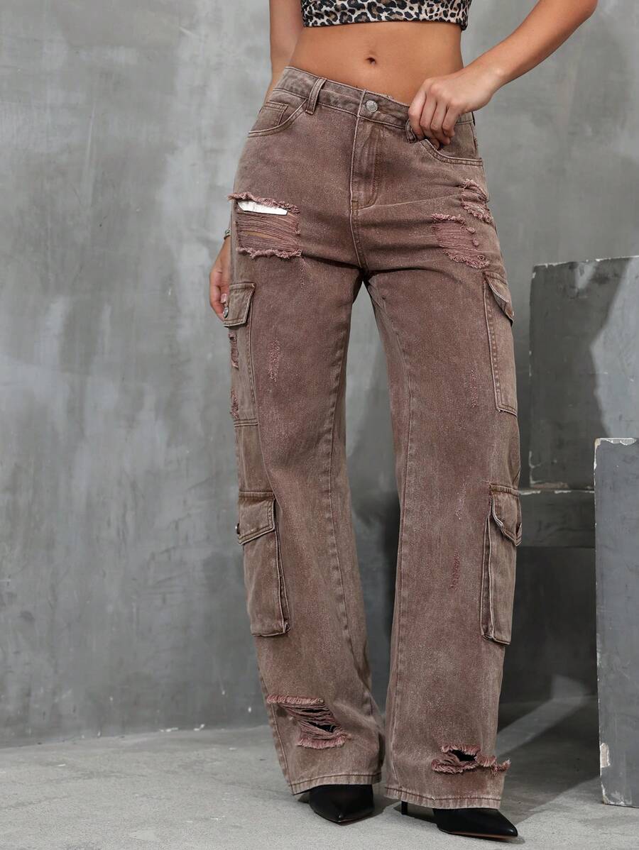 Quần jean denim rách có cúc có nhiều túi, để mặc thường ngày - Cà phê nâu - Xem 1