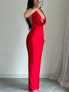 女士纯色褶饰露背无袖性感夏季连衣裙