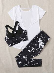 SHEIN Sport Studio 3pcs Graphic Print Sports Set Workout Setwomen Workout Set Women Leggings Set