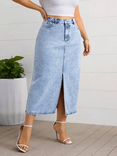 SHEIN Essnce Plus High Waist Split Hem Denim Skirt