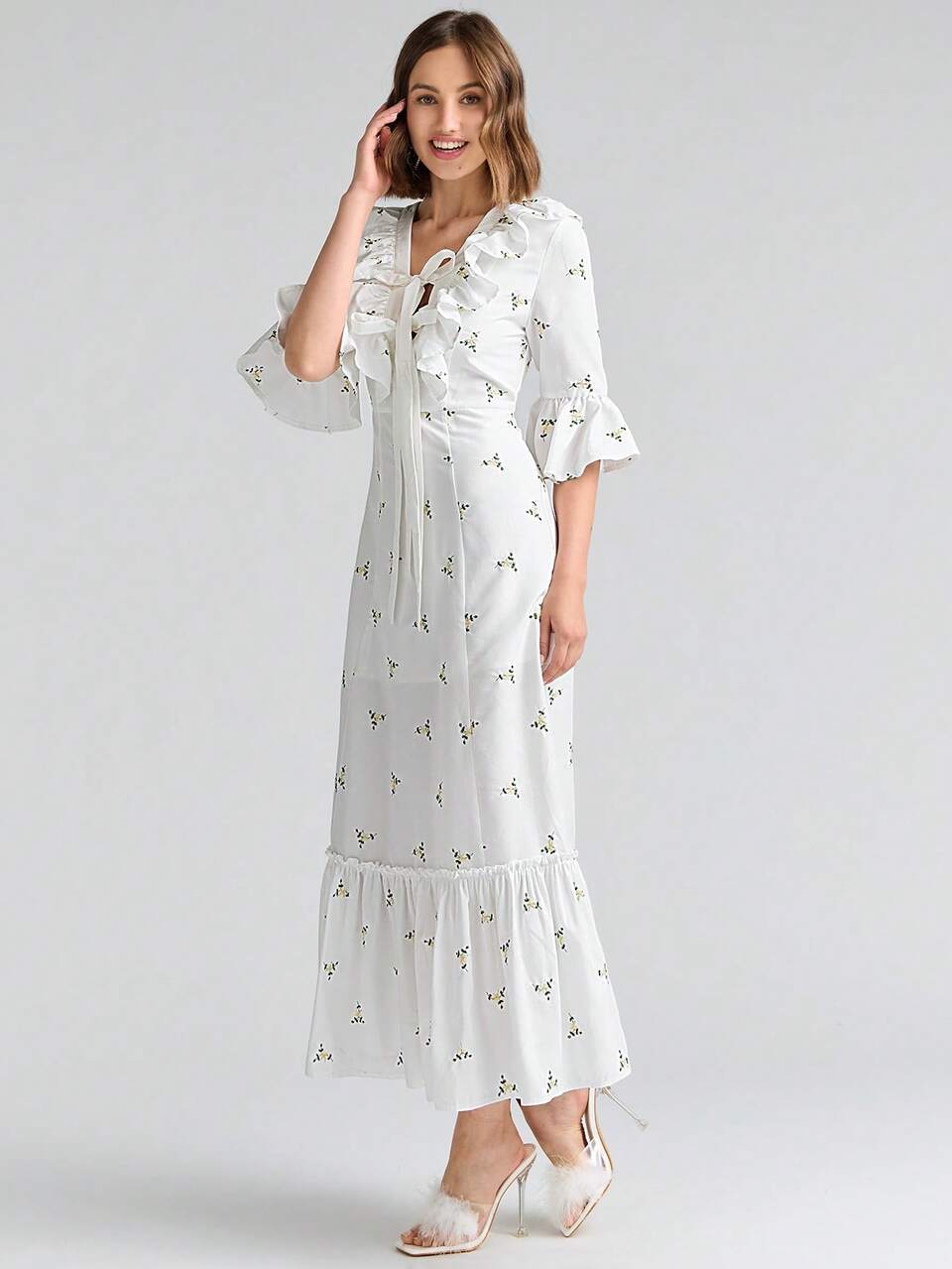 Fall Holiday Romantic White  Bow Floral Print Ruffle Trim Tie Front Flounce Sleeve Ruffle Hem Floral Embroidery Dress