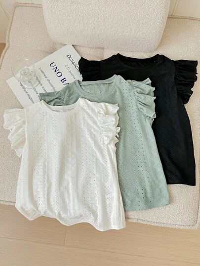 SHEIN LMoss Kids Tween-Mädchen 3 Stücke tägliches Lässig Basic Top mit kurzen Ärmeln und Rundhalsausschnitt, gestricktes Jacquardmuster Einfarbig, Sommer Tee