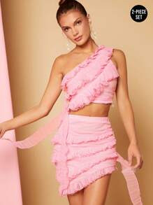 L'Amorae Ruffle One Shoulder Top & Skirt Two Pieces Set