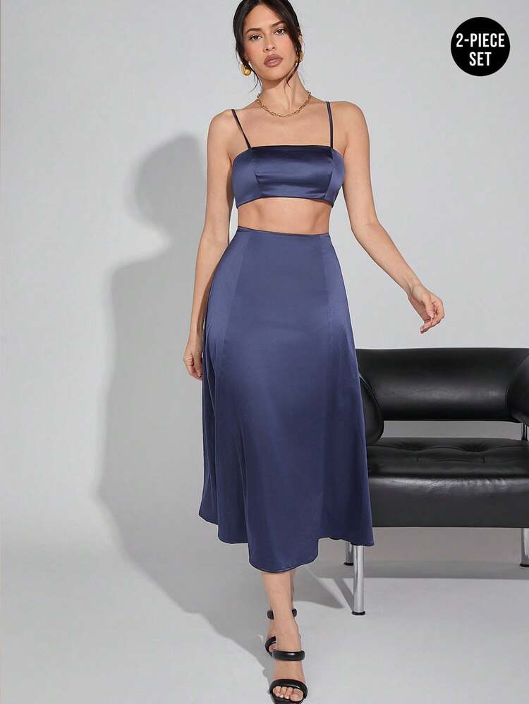 Women Satin Bralette And Skirt Two Pieces Set