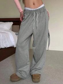 DAZY Pantalon de jogging ample gris ample à large jambe et nœud papillon sur le côté pour femmes, pour un port quotidien - Gris - Voir 4