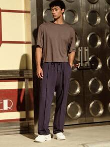 Forever 21 Men's Drawstring Jogger Raw Edge Sweatpants - Navy Blue - View 3