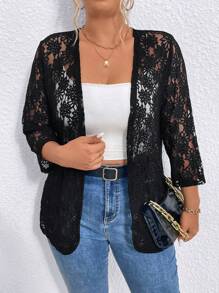 Elenzga Plus Size Women's Hollow Out Simple Daily Jacket Fall Winter Cloth For Women - Black - View 1