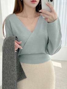 DAZY Women V-Neck Long Sleeve Solid Color Fitted Sweater, Autumn,Fall Women Clothes - Blue - View 6